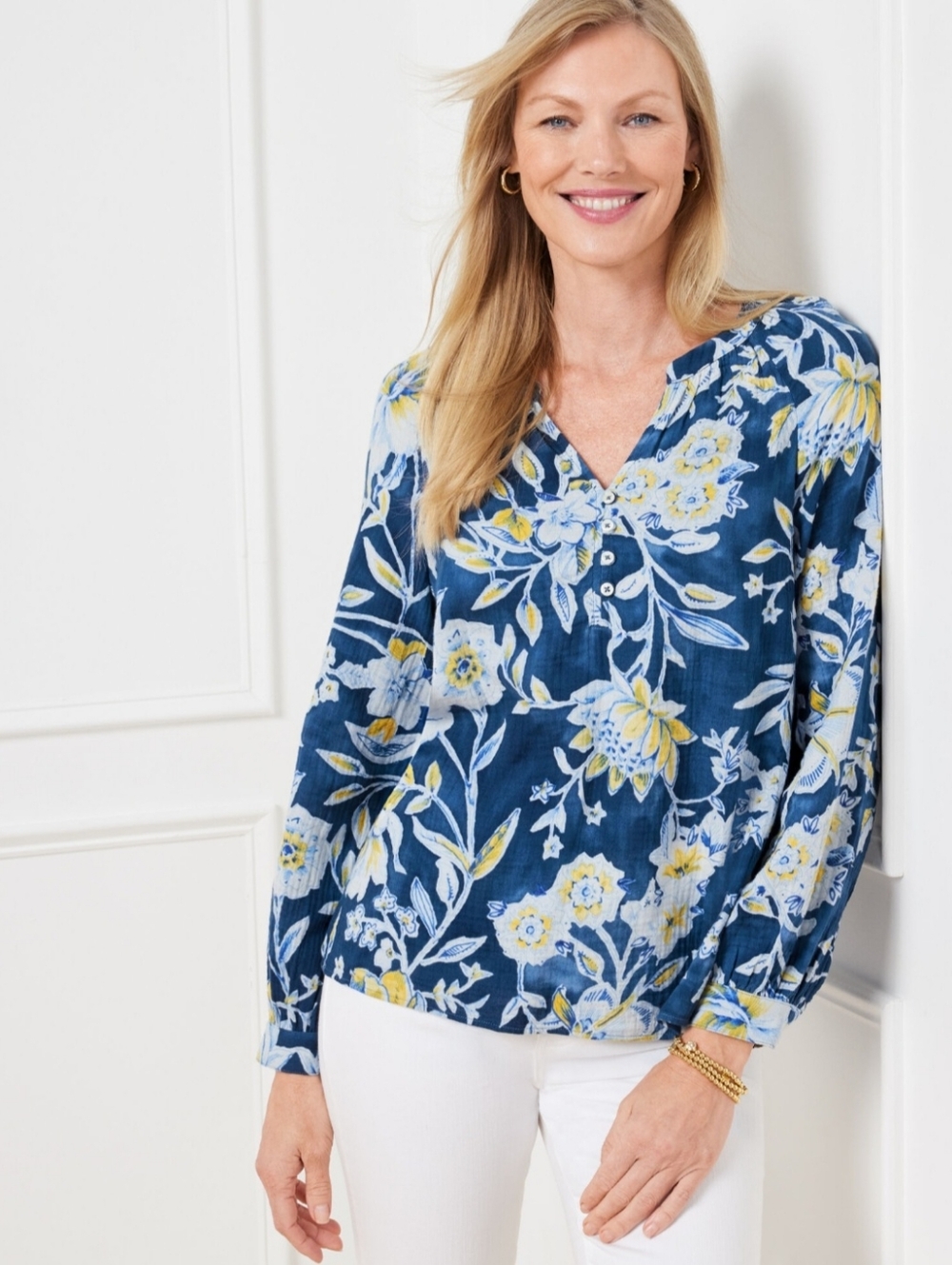 Talbots Band Collar Top - Sketched Botanical Size M